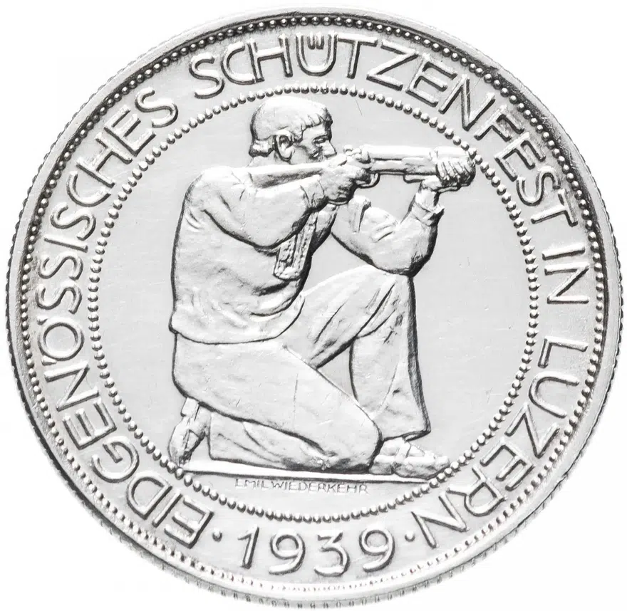 Швейцария 5 франков (francs) 1939 "Стрелковый фестиваль в Люцерне", реверс