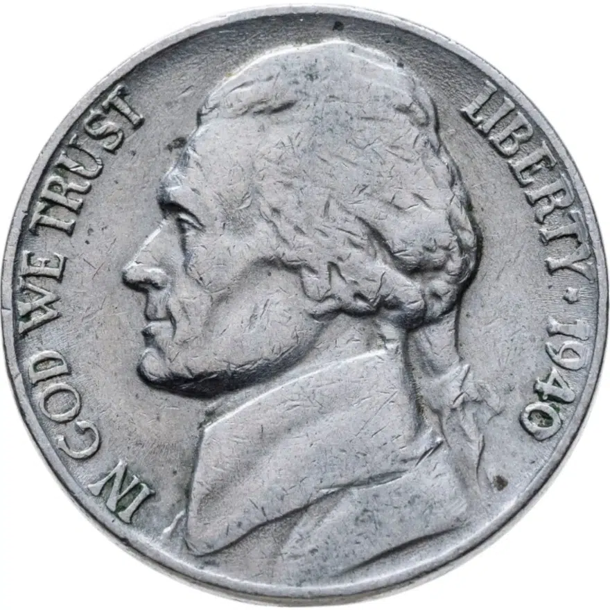 США 5 центов (cents) 1940  Jefferson Nickel Без отметки монетного двора, аверс