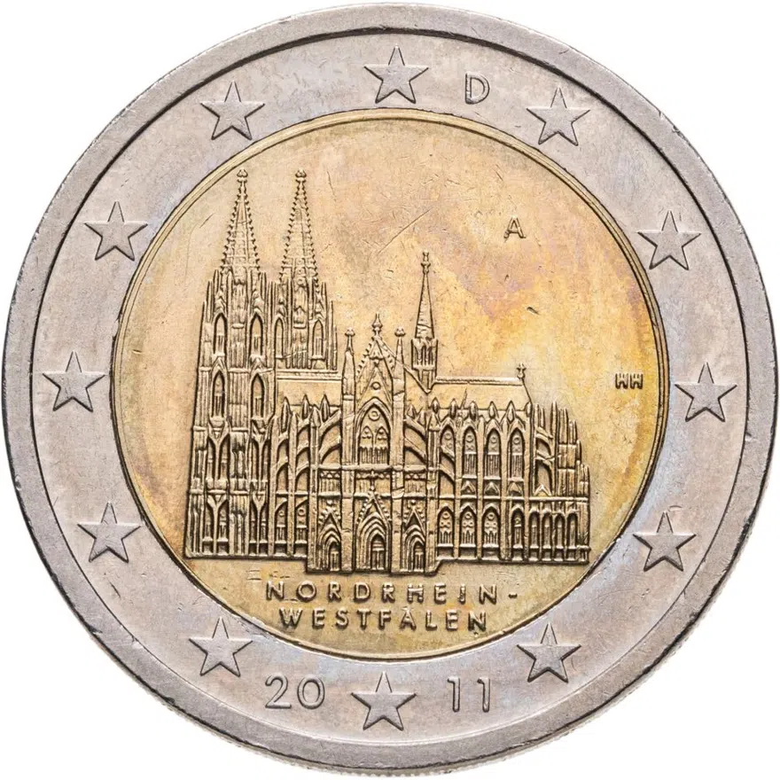 Германия 2 евро (euro) 2011 Федеральные земли Германии - Кёльнский собор, Северный Рейн — Вестфалия, знак монетного двора "A" - Берлин, аверс