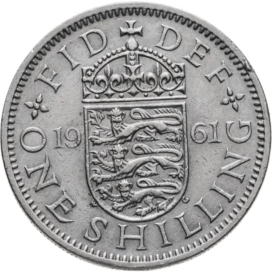 Великобритания 1 шиллинг (shilling) 1961  Английский герб - 3 льва внутри коронованного щита, реверс