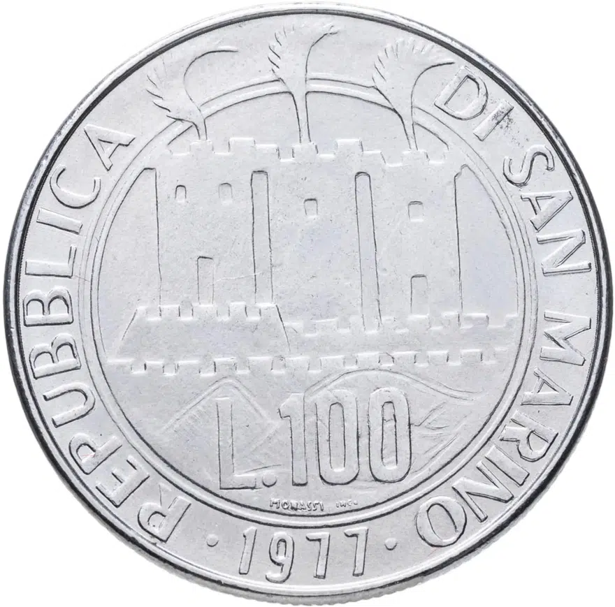 Сан-Марино 100 лир (lire) 1977  Экология - кольцо из звёздочек на реверсе