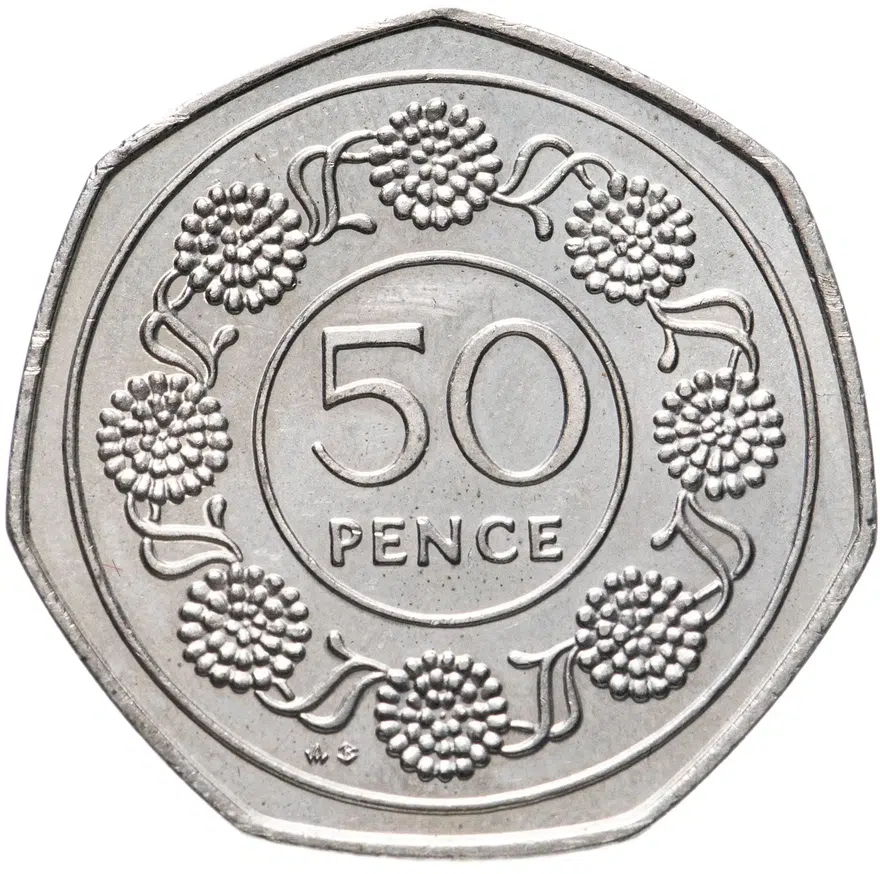 Гибралтар 50 пенсов (pence) 1988 Отметка "AB" на реверсе, аверс