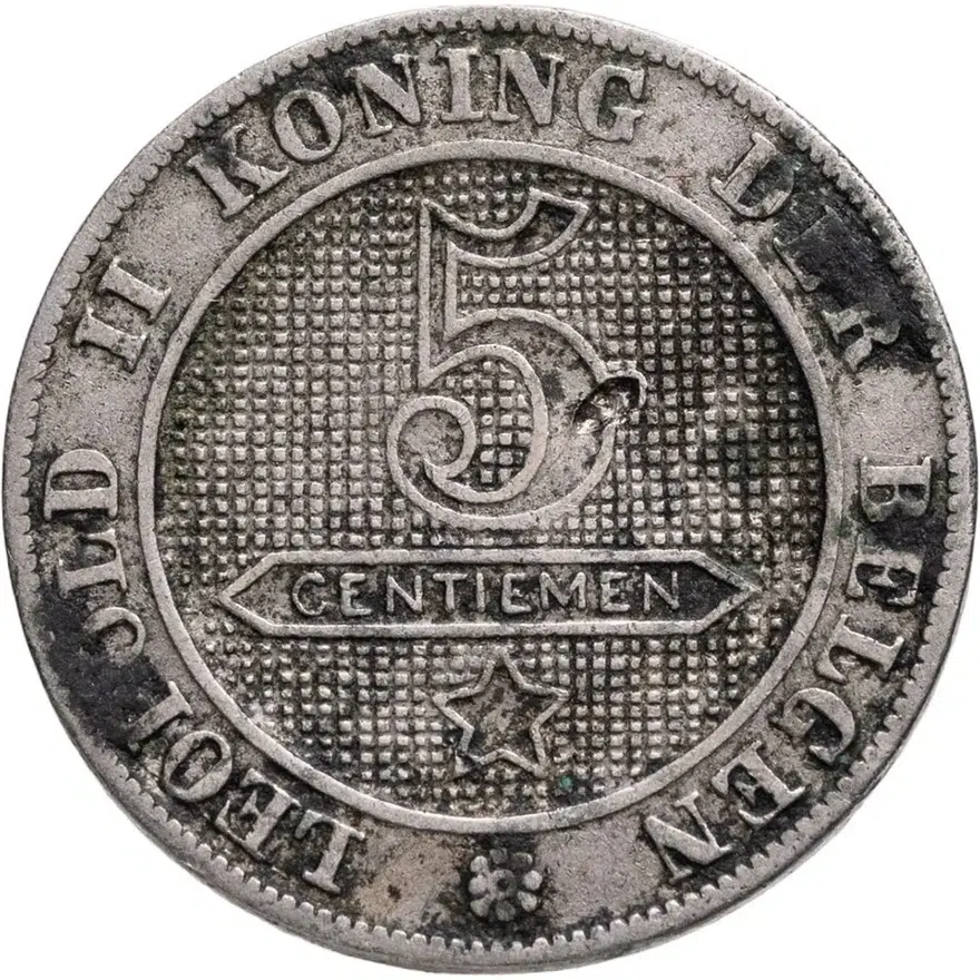 Бельгия 5 сантимов (centimes) 1895  Надпись на голландском - 'DER BELGEN'
