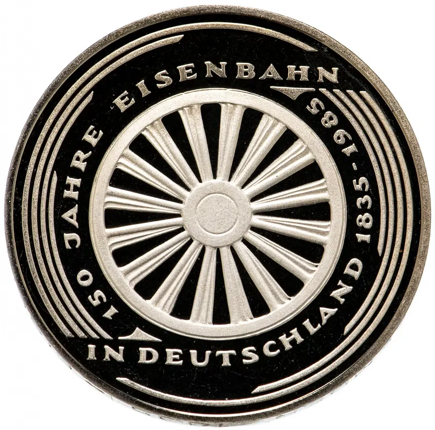 Германия 5 марок (deutsche mark) 1985  150 лет железной дороге  Германии, реверс