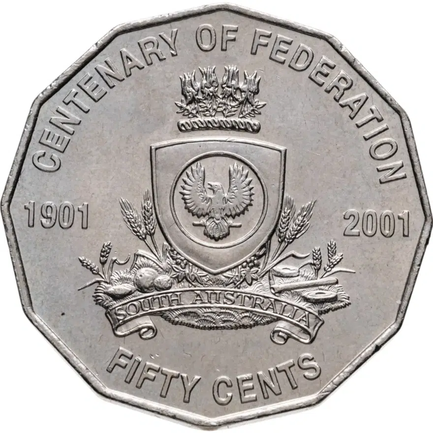Австралия 50 центов (cents) 2001  Столетие Федерации - Южная Австралия, аверс