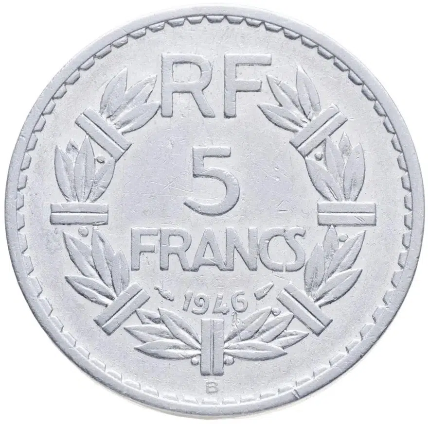 Франция 5 франков (francs) 1946 B Алюминий /серый цвет/ знак монетного двора: "B" - Бомон-ле-Роже, аверс