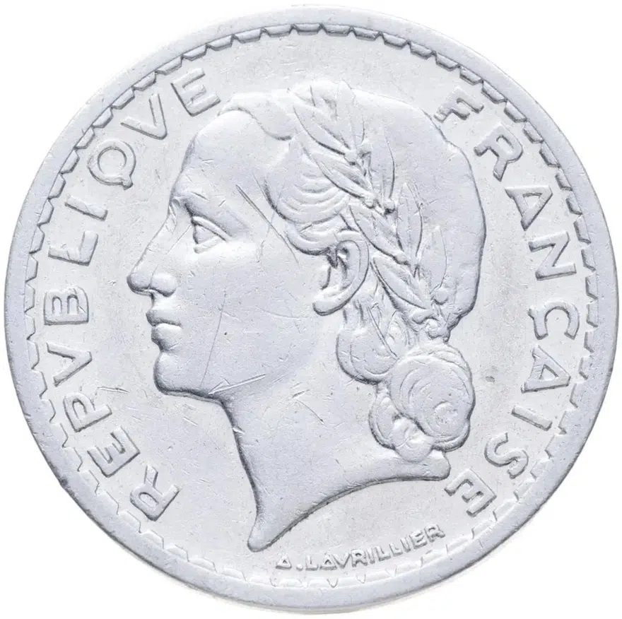 Франция 5 франков (francs) 1946 B Алюминий /серый цвет/ знак монетного двора: "B" - Бомон-ле-Роже, реверс