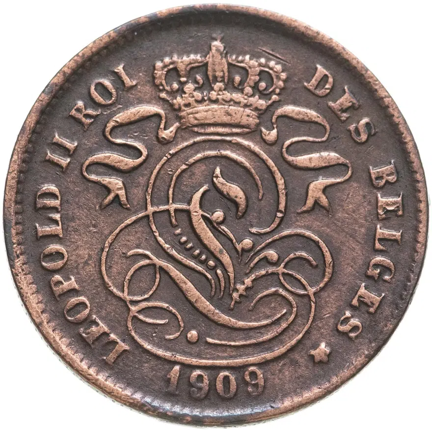 Бельгия 2 сантима (centimes) 1909  Надпись на французском - 'DES BELGES', аверс