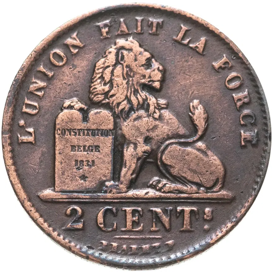 Бельгия 2 сантима (centimes) 1909  Надпись на французском - 'DES BELGES', реверс