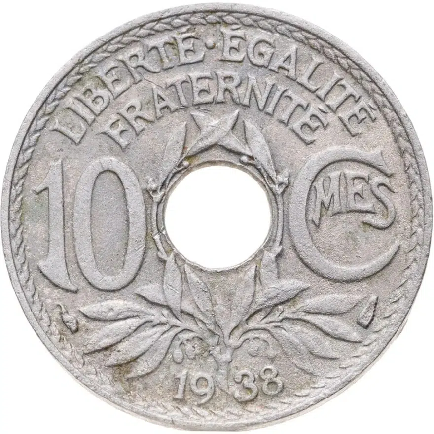 Франция 10 сантимов (centimes) 1938  Без точек вокруг даты, аверс