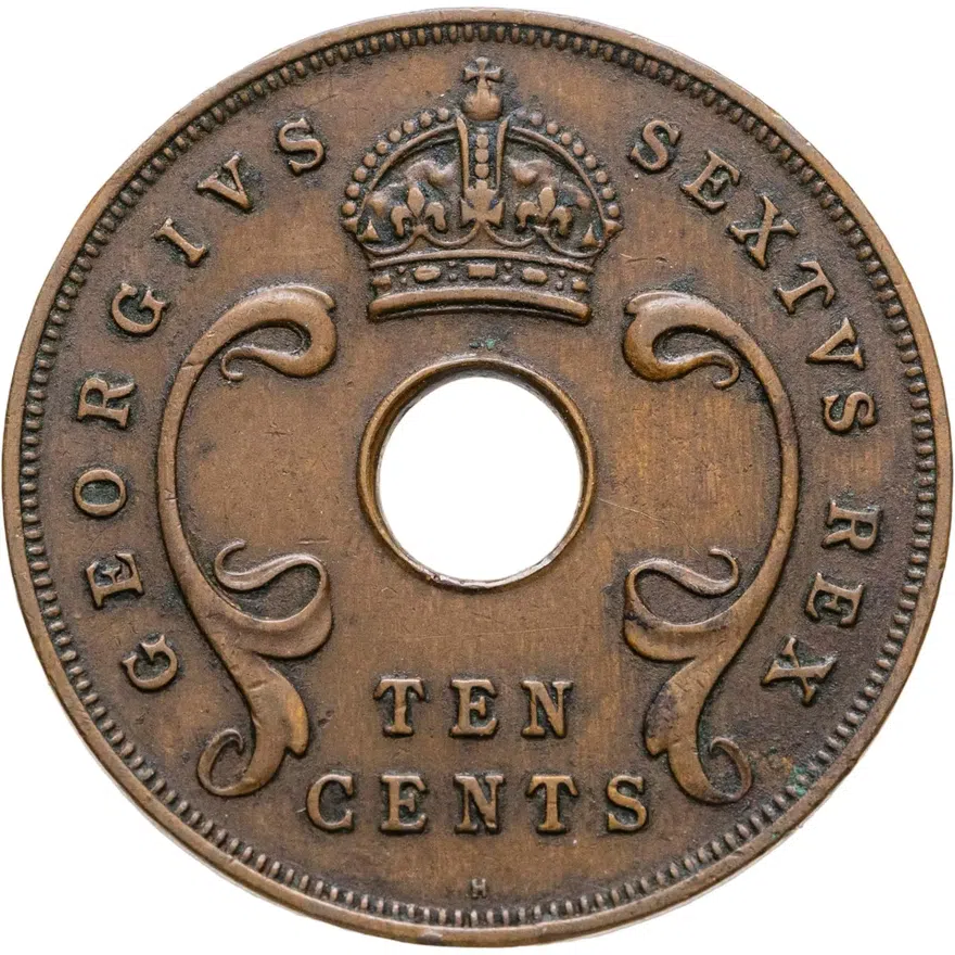 Британская Восточная Африка 10 центов (cents) 1952 H  знак монетного двора: "H" - Хитон, Бирмингем, аверс