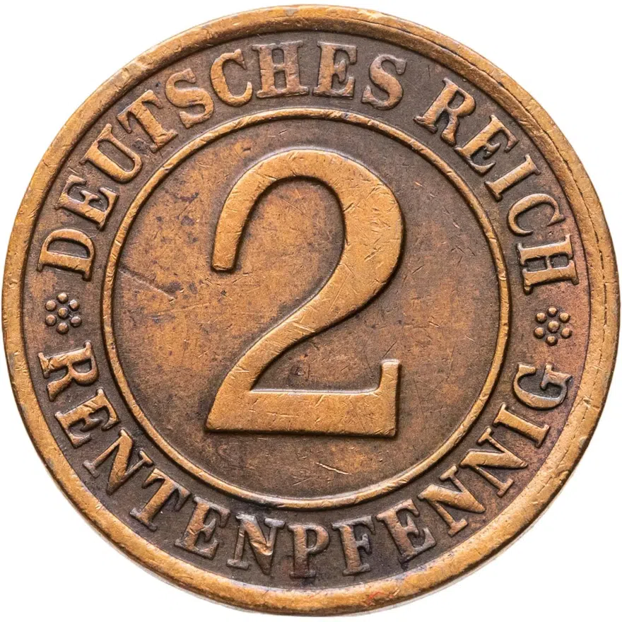 Германия 2 пфеннига (рентенпфеннига, rentenpfennig) 1923 F  знак монетного двора "F" — Штутгарт, аверс