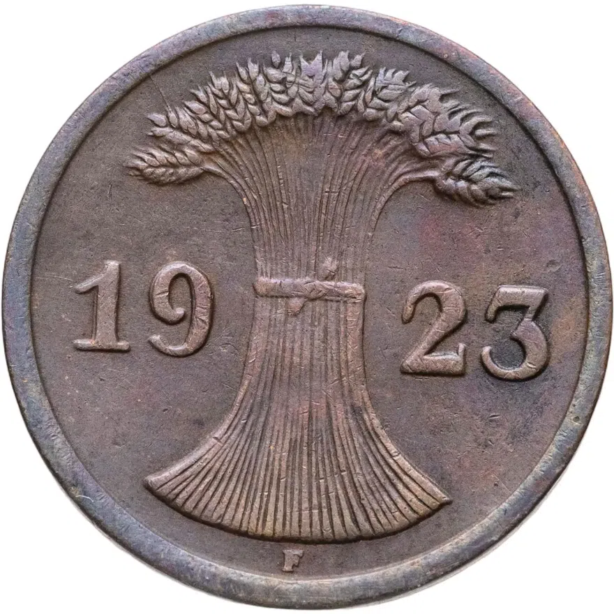 Германия 2 пфеннига (рентенпфеннига, rentenpfennig) 1923 F  знак монетного двора "F" — Штутгарт, реверс