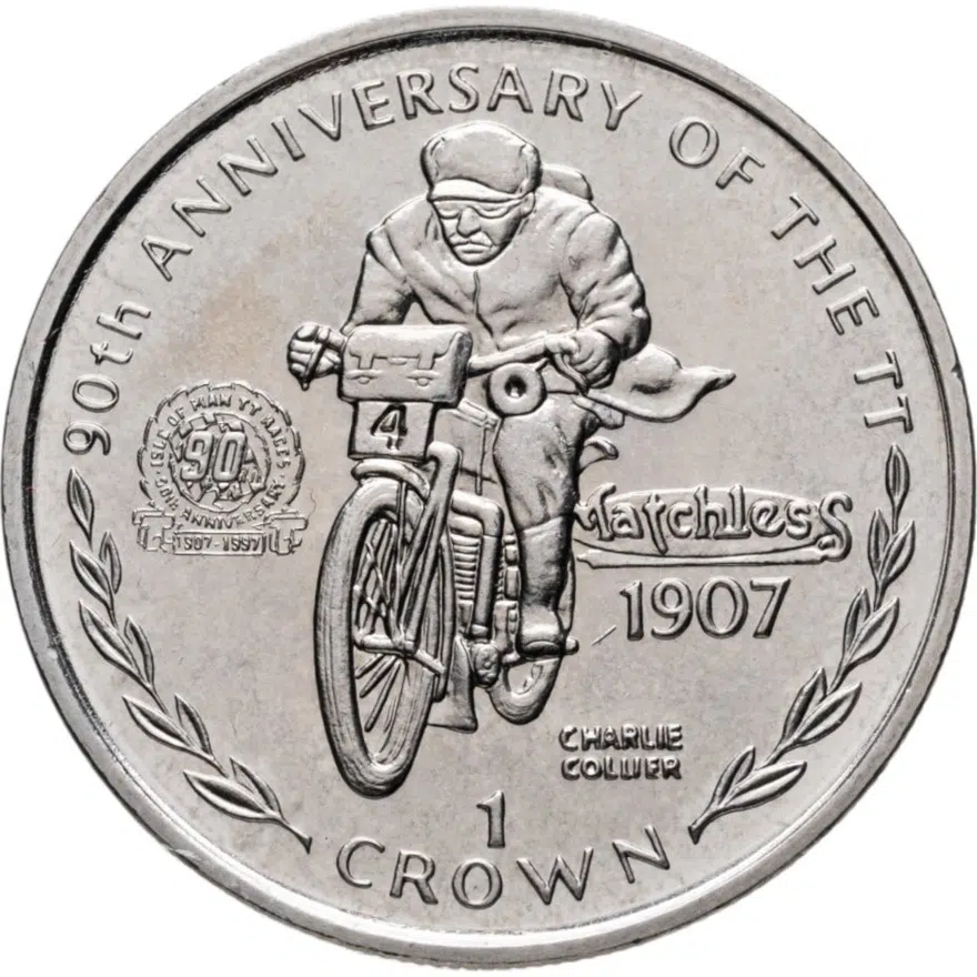 Остров Мэн 1 крона (crown) 1997   "90 лет Мотогонкам "Tourist Trophy" - Чарли Коллиер", аверс