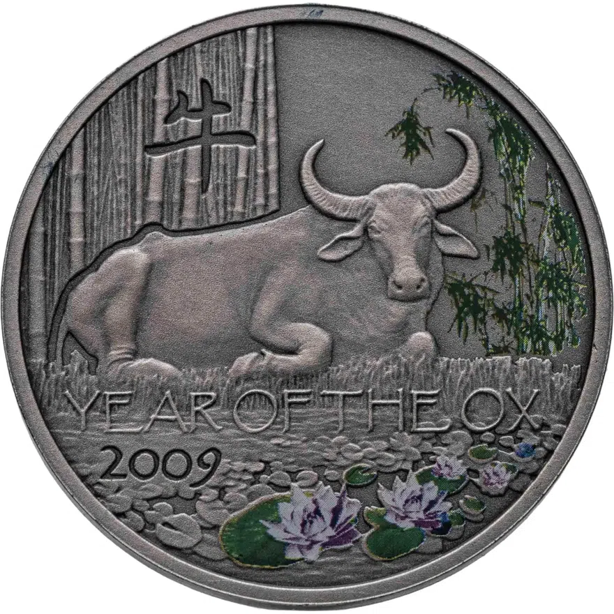 Ниуэ 1 доллар (dollar) 2008  Китайский гороскоп - год быка /зелень, лотусы/