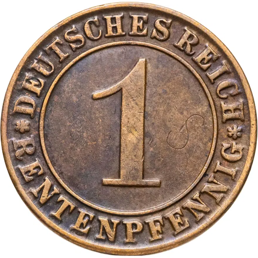 Германия 1 пфенниг (рентенпфенниг, rentenpfennig) 1923 J  знак монетного двора "J" — Гамбург, аверс