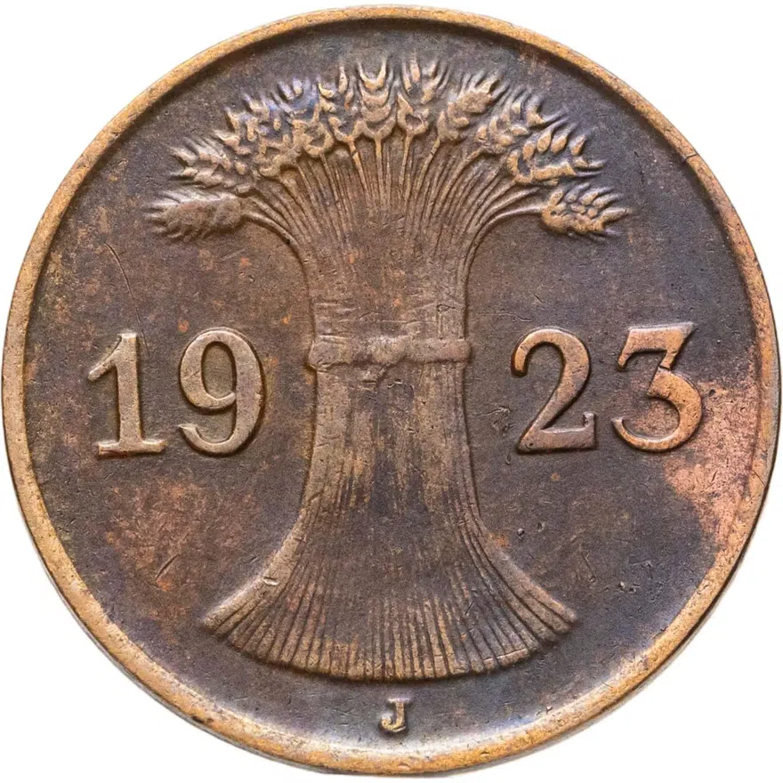 Германия 1 пфенниг (рентенпфенниг, rentenpfennig) 1923 J  знак монетного двора "J" — Гамбург, реверс