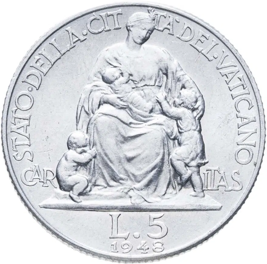 Ватикан 5 лир (lire) 1948, реверс