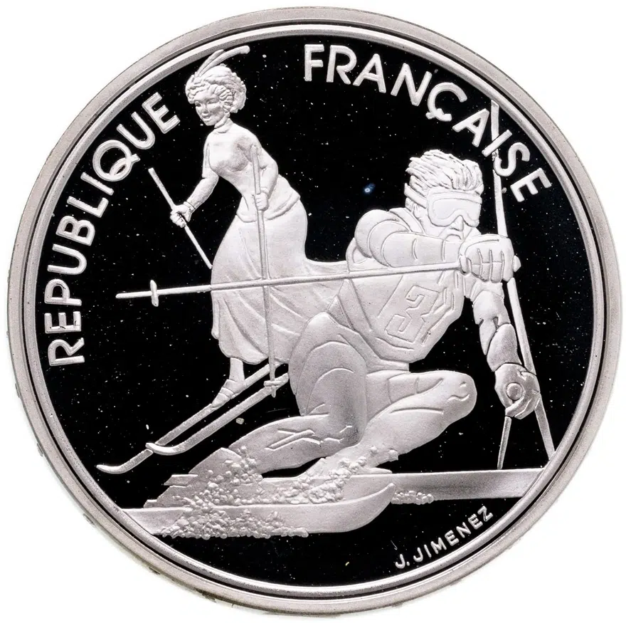 Франция 100 франков (francs) 1990  XVI зимние Олимпийские Игры, Альбервиль 1992 - Слалом, аверс