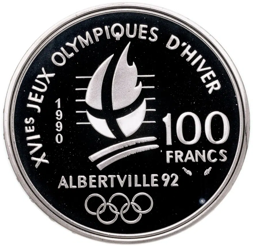 Франция 100 франков (francs) 1990  XVI зимние Олимпийские Игры, Альбервиль 1992 - Слалом, реверс