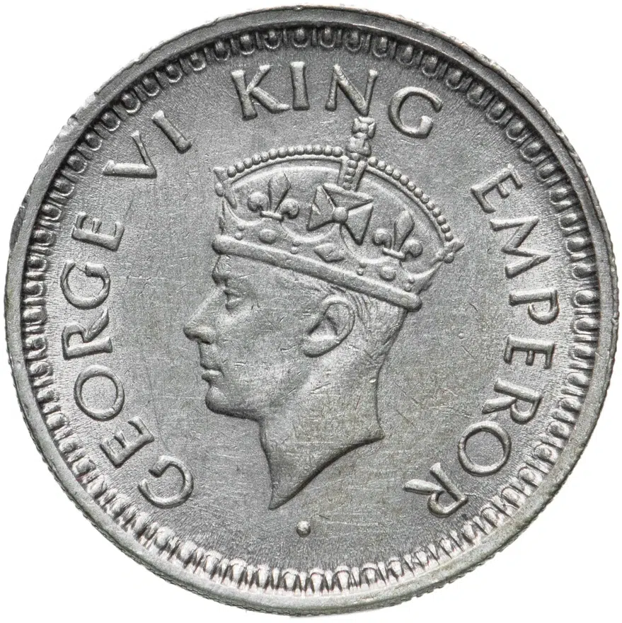 Индия (Британская) 1/4 рупии (rupee) 1944 L Ребристый гурт с желобом внутри знак монетного двора: "L" - Лахор, реверс