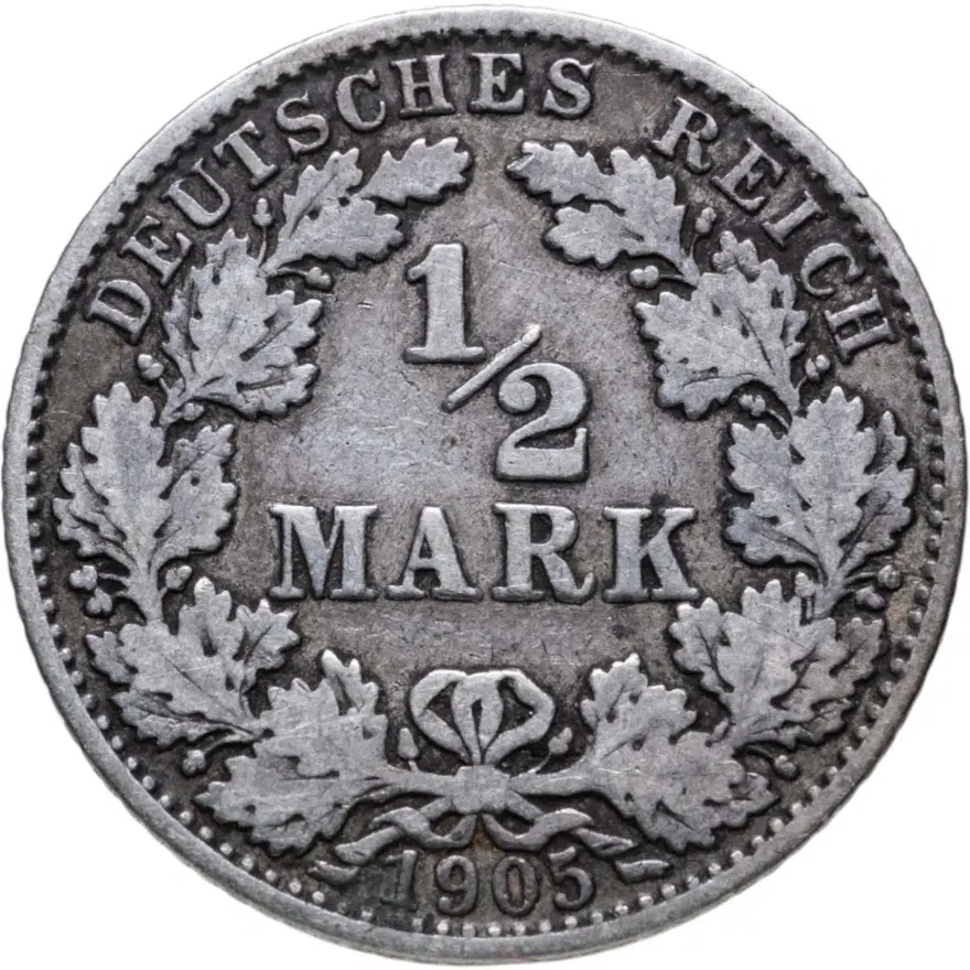 Германия 1/2 марки (mark) 1905 G  знак монетного двора: "G" - Карлсруэ