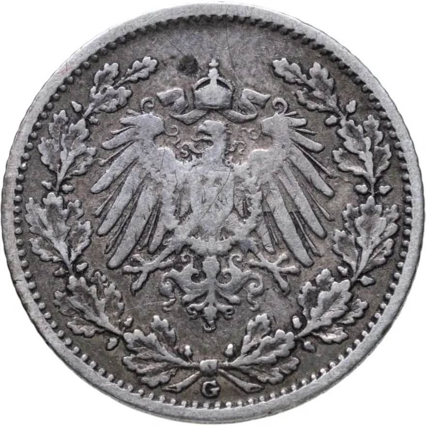 Германия 1/2 марки (mark) 1905 G  знак монетного двора: "G" - Карлсруэ, реверс