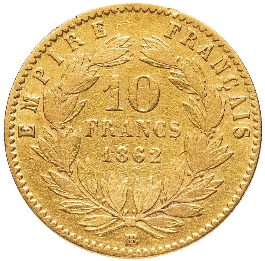 Франция 10 франков (francs) 1862 BB  знак монетного двора: "BB" - Страсбург