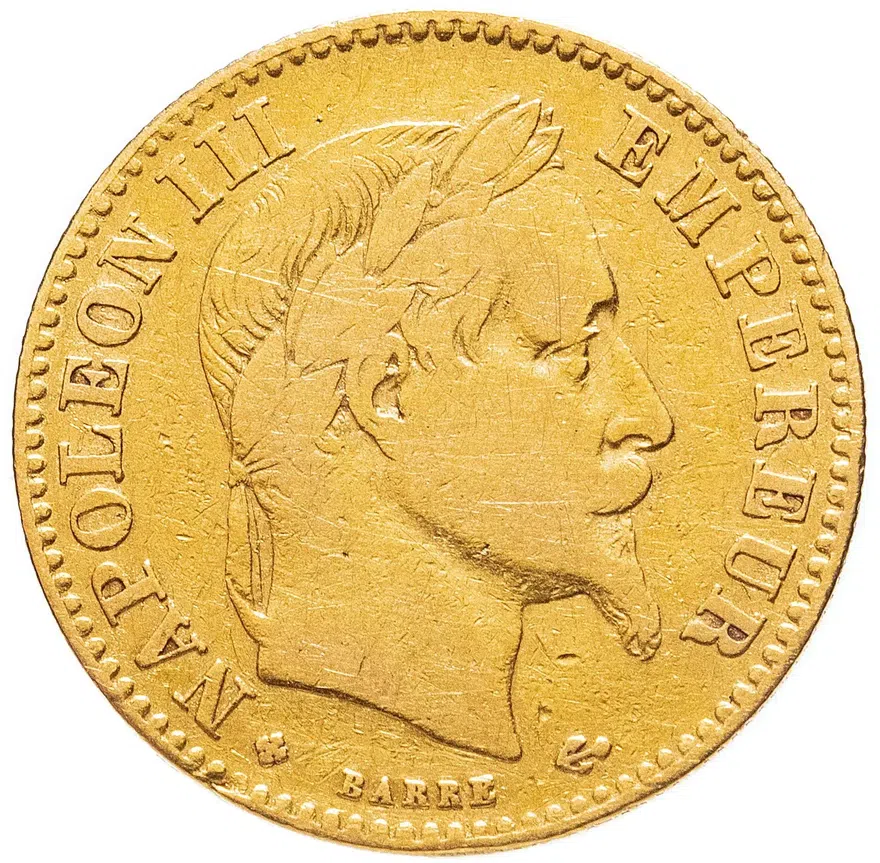 Франция 10 франков (francs) 1862 BB  знак монетного двора: "BB" - Страсбург, реверс