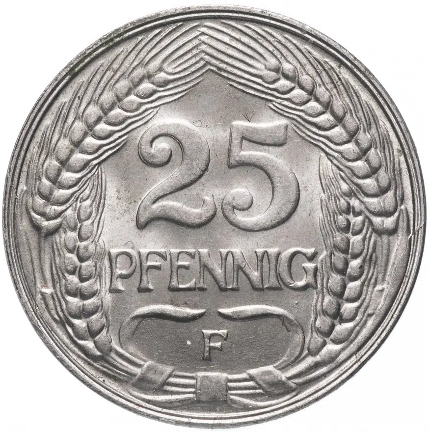 Германия 25 пфеннигов (pfennig) 1909 F