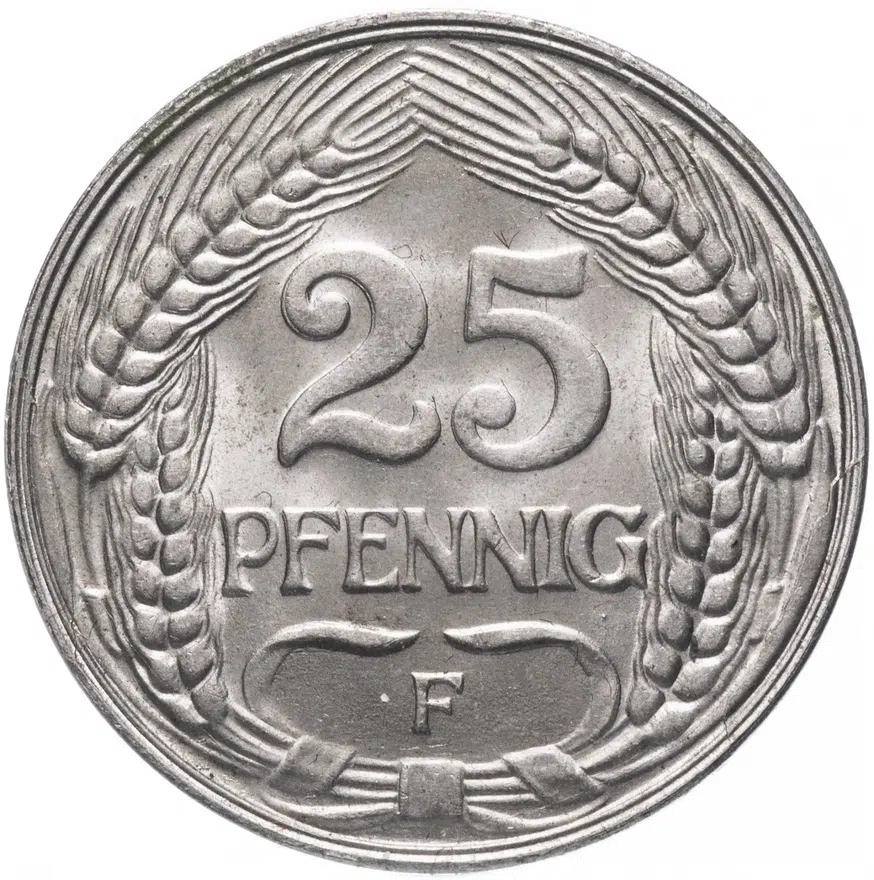 Германия 25 пфеннигов (pfennig) 1909 F, реверс