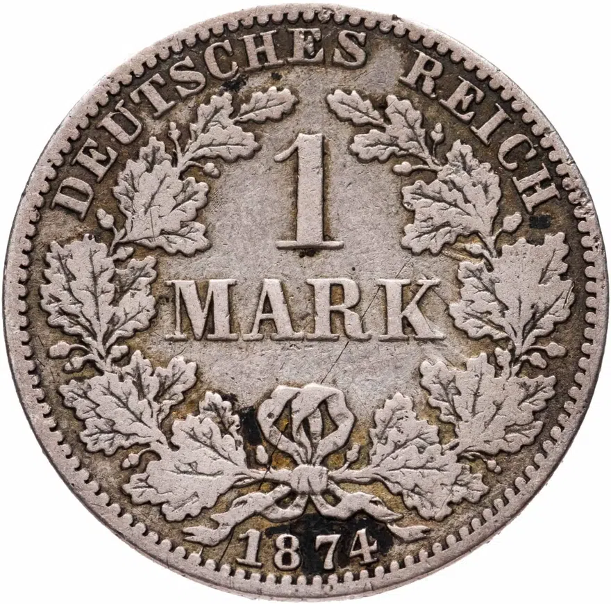 Германия 1 марка (mark) 1874 A  знак монетного двора: "A" - Берлин, аверс