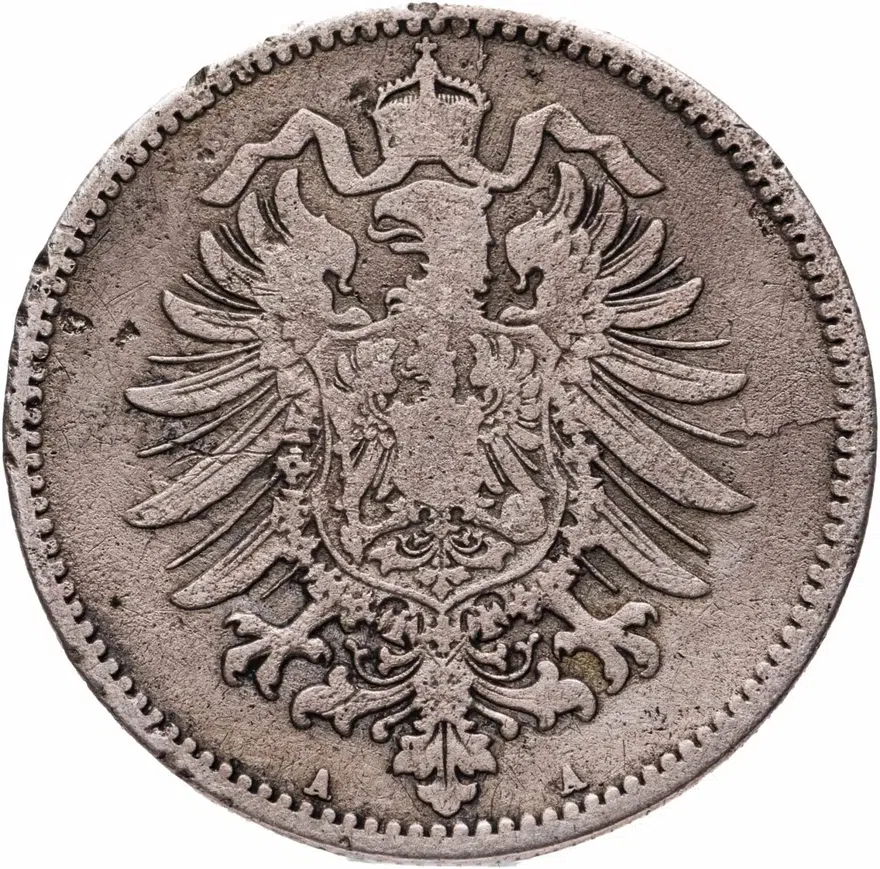 Германия 1 марка (mark) 1874 A  знак монетного двора: "A" - Берлин, реверс