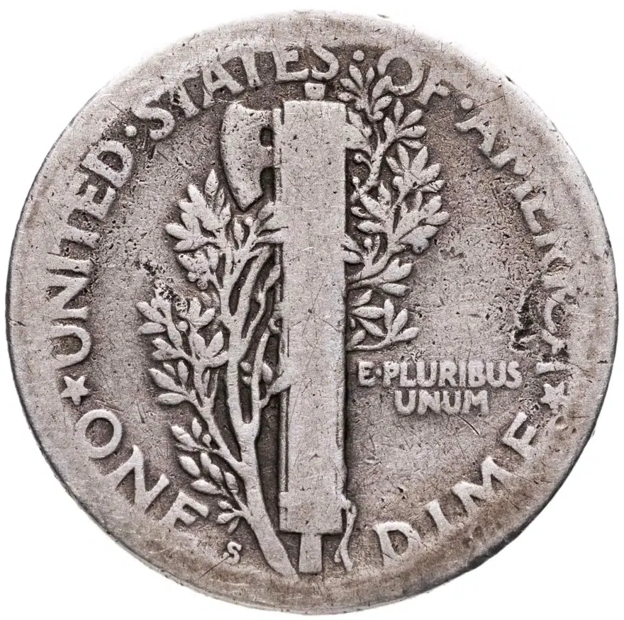 США 10 центов (дайм, one dime) 1917 S Mercury Dime знак монетного двора: "S" - Сан-Франциско