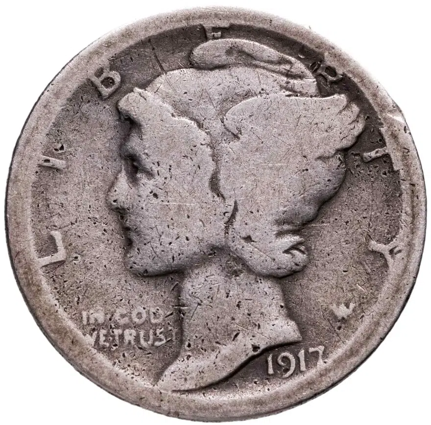 США 10 центов (дайм, one dime) 1917 S Mercury Dime знак монетного двора: "S" - Сан-Франциско, реверс