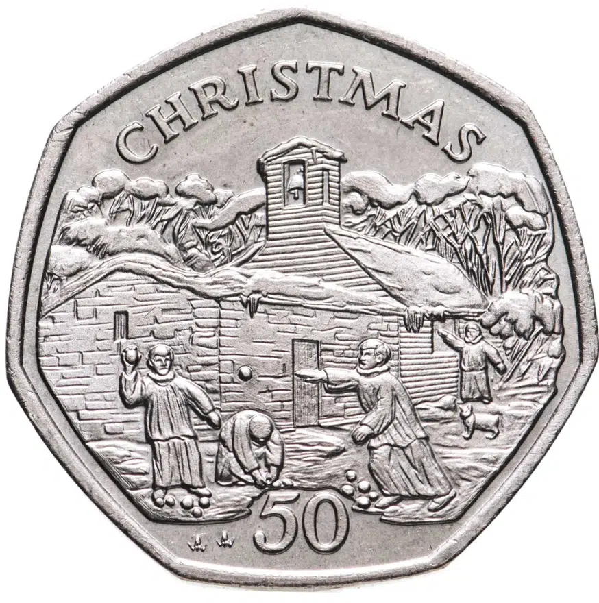Остров Мэн. 50 пенсов (pence) 1996. "Рождество", отметка штемпеля "АA"