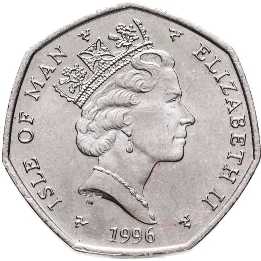 Остров Мэн. 50 пенсов (pence) 1996. "Рождество", отметка штемпеля "АA", реверс