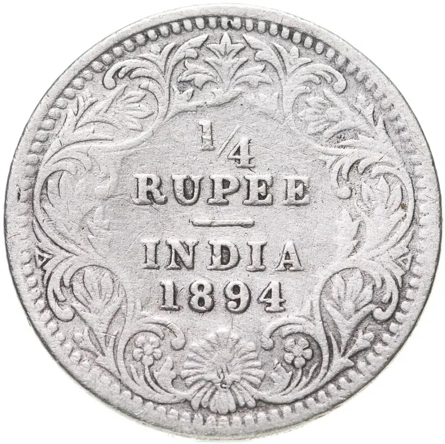 Индия (Британская) 1/4 рупии (rupee) 1894 C знак монетного двора: "C" - Калькутта