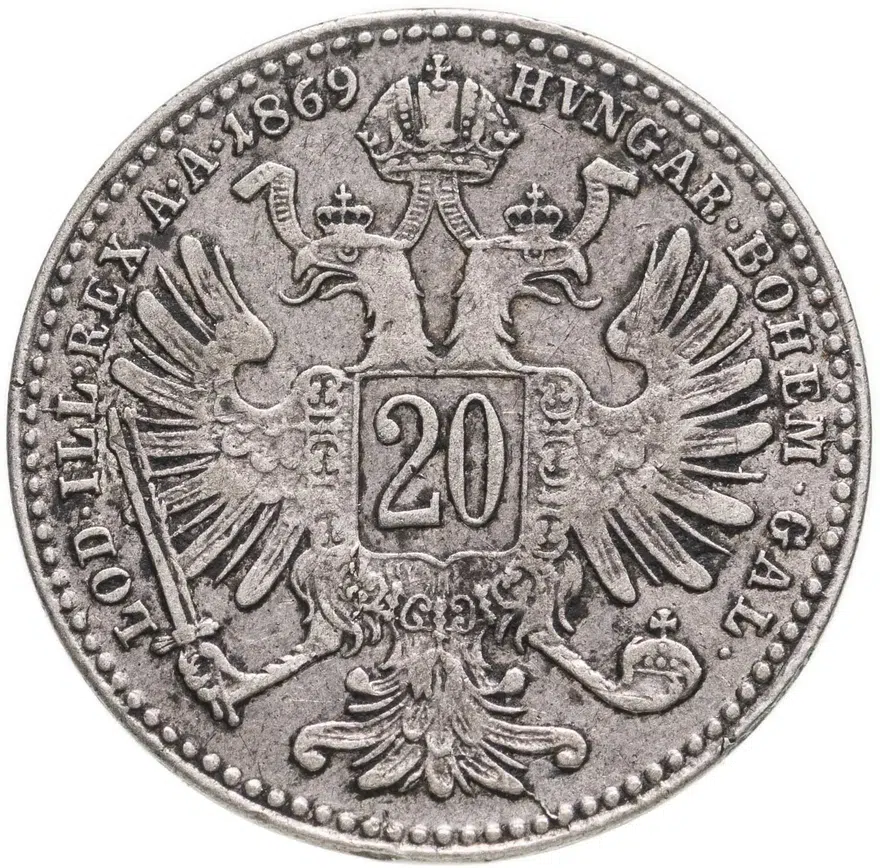 Австрия 20 крейцеров (kreuzer) 1869, реверс