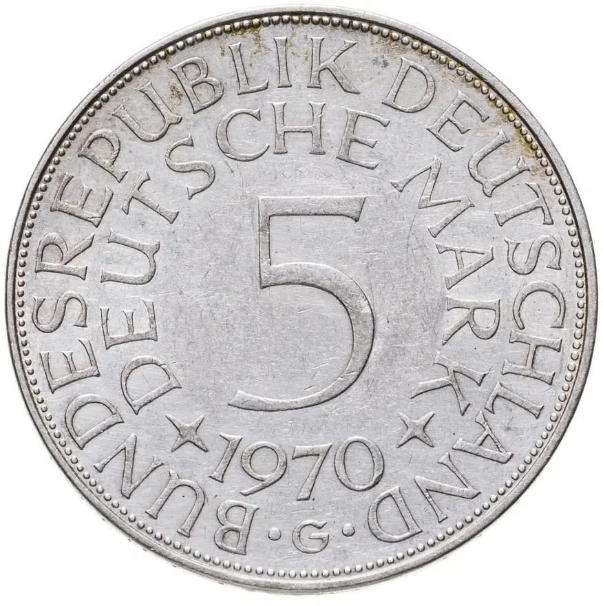 Германия 5 марок (mark) 1970 G  знак монетного двора: "G" - Карлсруэ