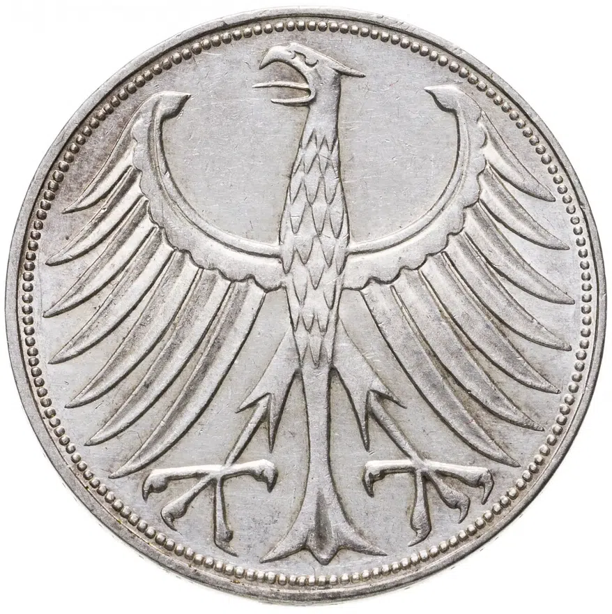 Германия 5 марок (mark) 1970 G  знак монетного двора: "G" - Карлсруэ, реверс