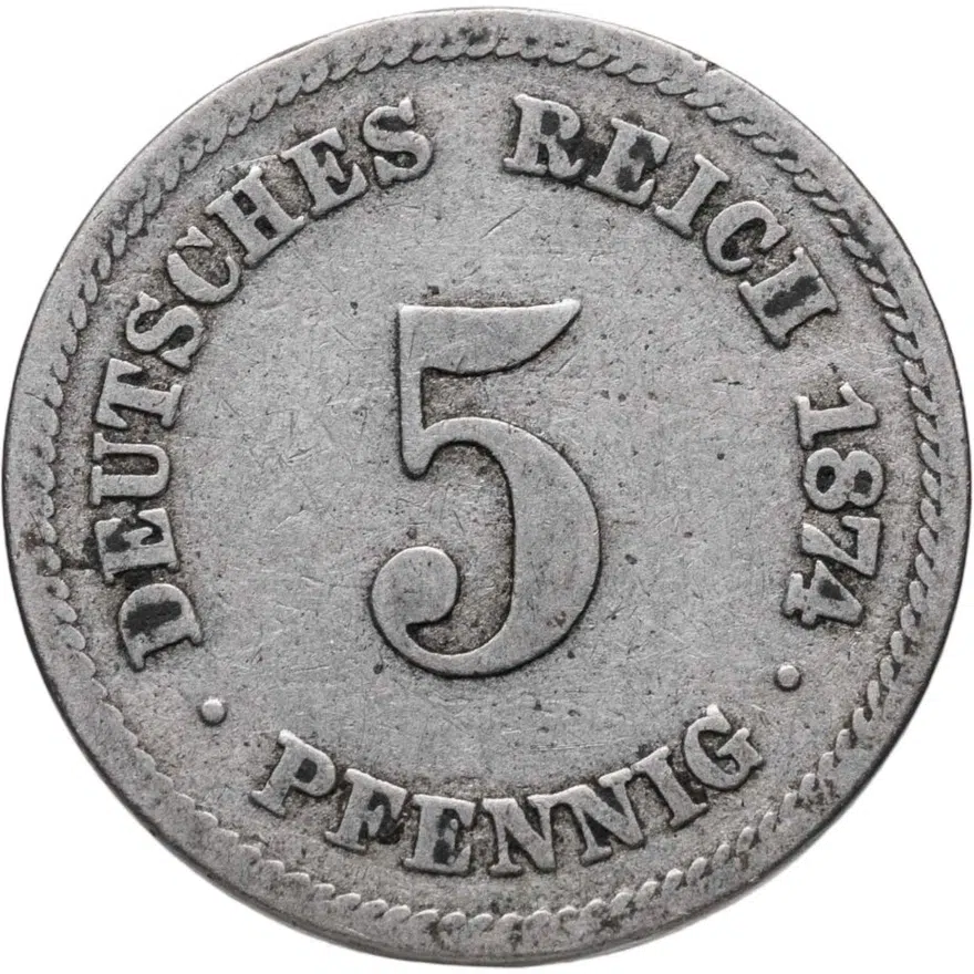 Германия 5 пфеннигов (pfennig) 1874 C  знак монетного двора: "C" - Франкфурт-на-Майне