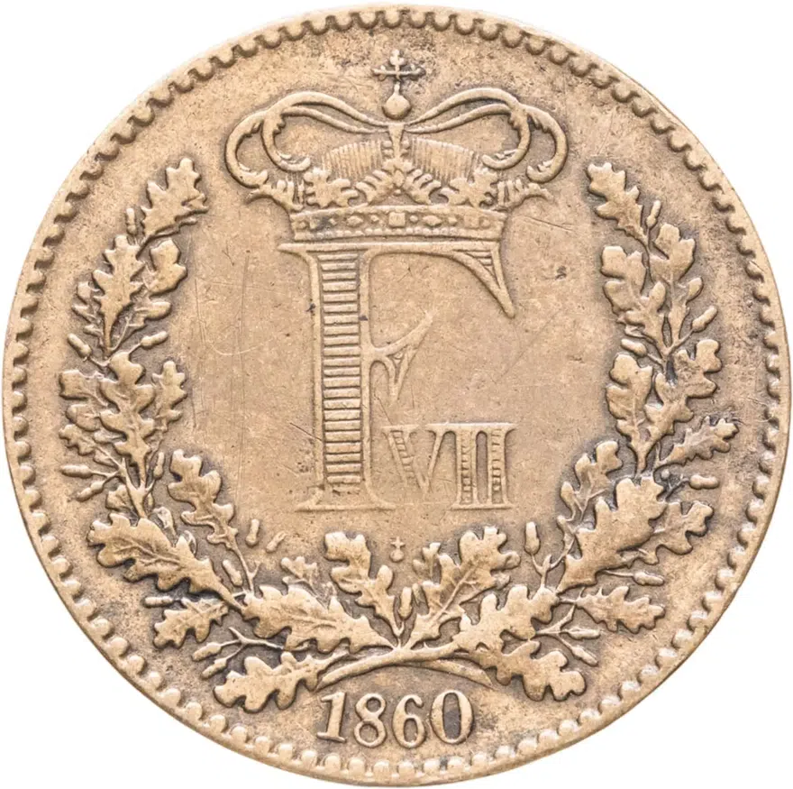 Дания 1 скиллинг ригсмонт (скиллинг-ригсмёнт, skilling rigsmont) 1860, аверс