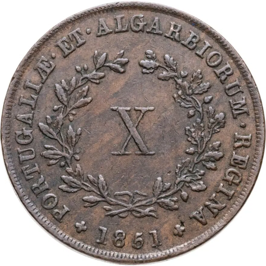 Португалия 10 реалов (рейс, reis) 1851, реверс