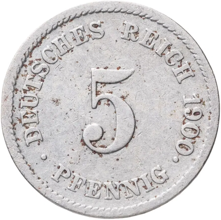 Германия 5 пфеннигов (pfennig) 1900 J  знак монетного двора: "J" - Гамбург, аверс