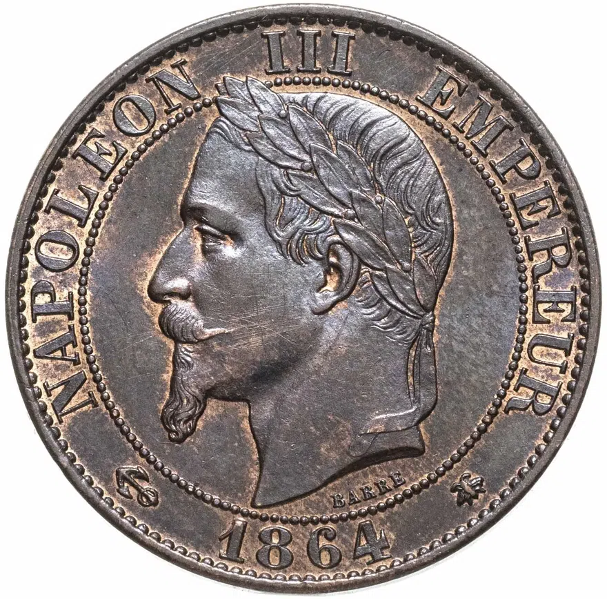 Франция 5 сантимов (centimes) 1864 A  знак монетного двора: "A" - Париж, аверс