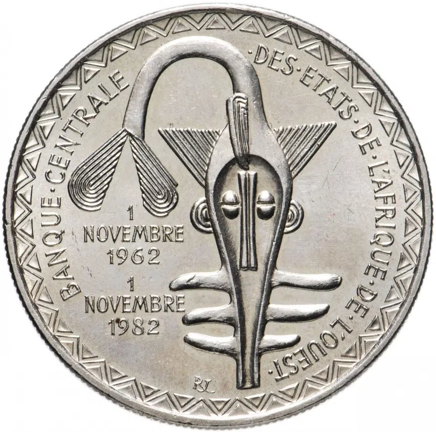 Западная Африка 5000 франков (francs) 1982 "20 лет валютному союзу Западная Африка (BCEAO)", аверс