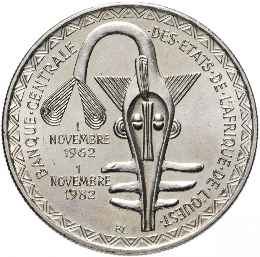 Западная Африка 5000 франков (francs) 1982 "20 лет валютному союзу Западная Африка (BCEAO)", реверс