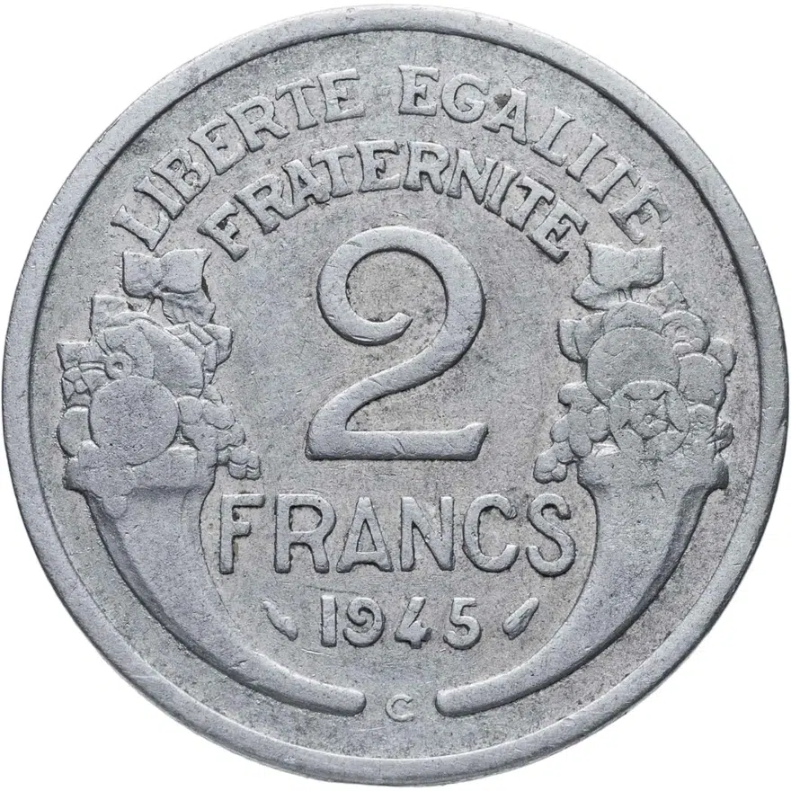 Франция 2 франка (francs) 1945 C  знак монетного двора: "C" - Кастельсарразен, аверс