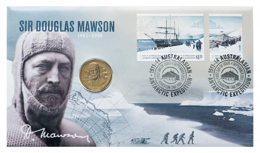 Австралия 1 доллар (dollar) 2012  Дуглас Моусон, в конверте с марками, аверс